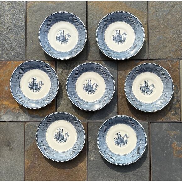 Vintage Currier and Ives Mississippi Steamboat Saucer Plate Set Of 7 Blue - Picture 1 of 6